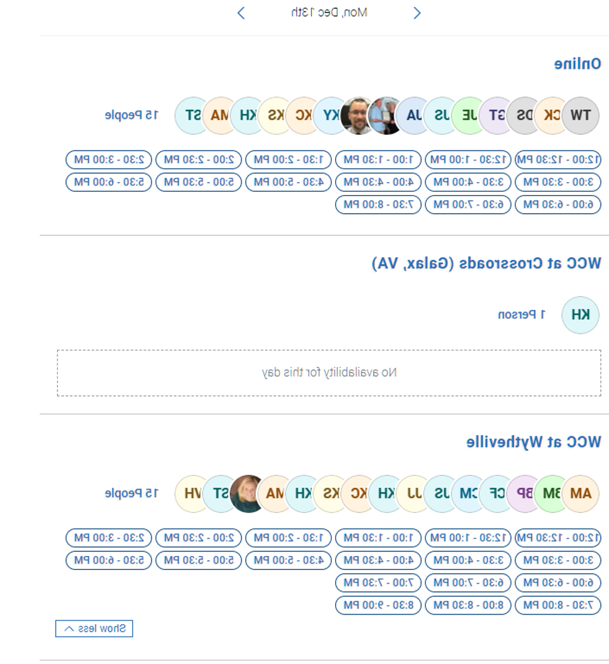 navigate screenshot showing advisor circles and time buttons under location headings